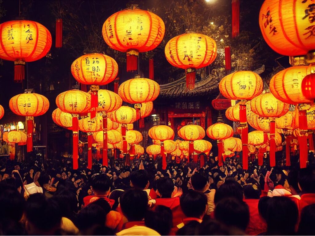 Multitud bajo farolillos rojos durante una fiesta tradicional en China