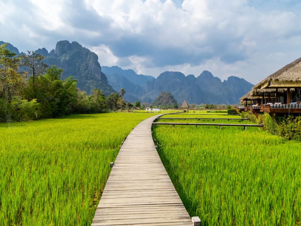 Entre arrozales y montañas kársticas en Vang Vieng, Laos