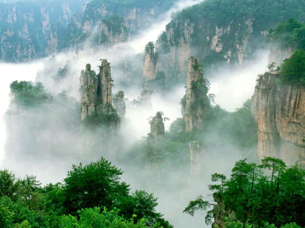 Pilares de piedra y bruma en el Parque Forestal Nacional de Zhangjiajie
